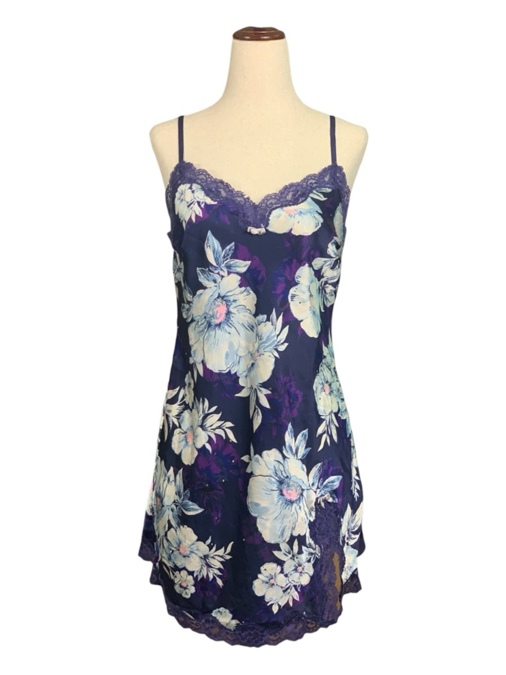 VTG Victoria Secret Floral Lace Trim Purple Satin‎ Slip Dress Lingerie Size SP